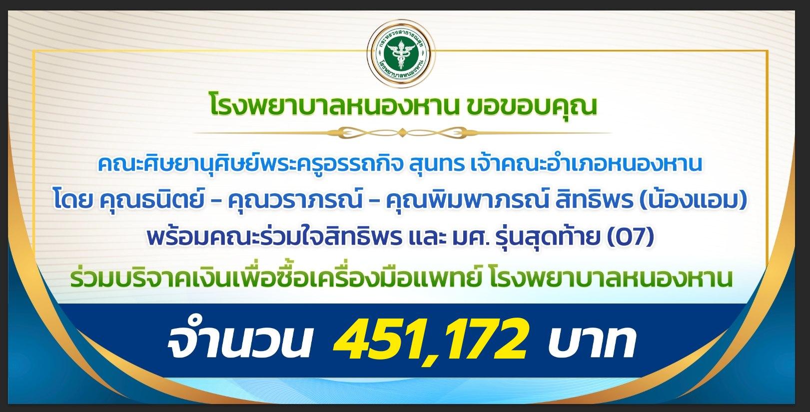คณะศิษยานุศิษย์พระครูอรรถกิจ สุนทร เจ้าคณะอำเภอหนองหาน นำโดย คุณธนิตย์ - คุณวราภรณ์ - คุณพิมพาภรณ์(น้องแอม) สิทธิพร  พร้อมคณะร่วมใจสิทธิพร  ได้มอบเงินบริจาคจำนวน 451,172 บาท