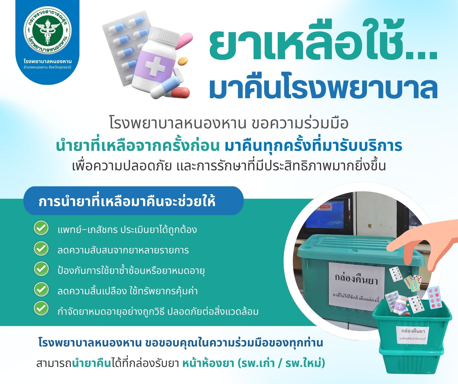🚨 ยาเหลือใช้ที่บ้าน อย่าทิ้ง! 🚨 มาคืนโรงพยาบาลหนองหาน เพื่อความปลอดภัยและสิ่งแวดล้อมที่ดีกว่าค่ะ ♻️